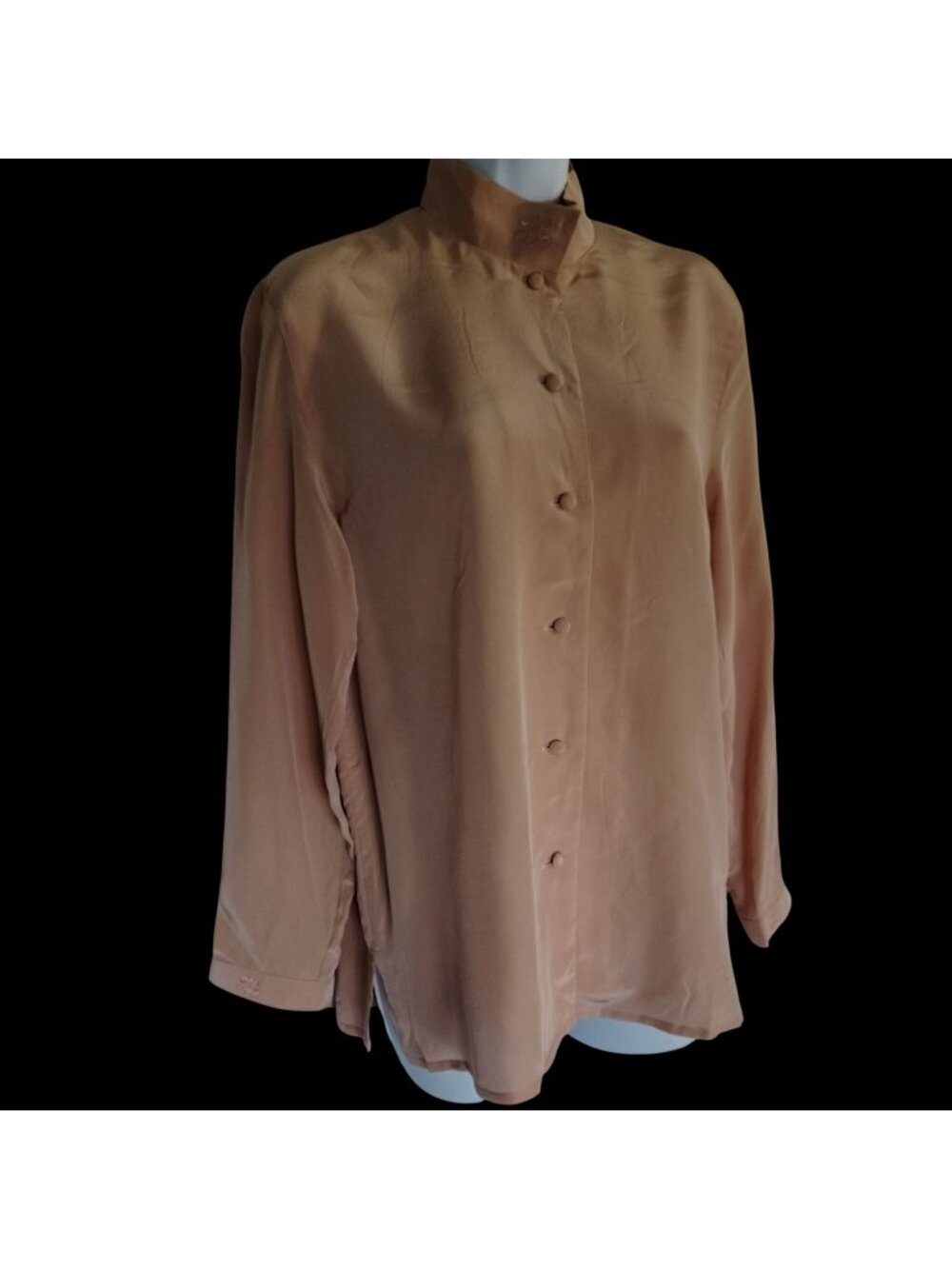Flamingo Blouse Silk Vtg Coral Mandarin Collar Monogram Quiet Luxury Womens S/M